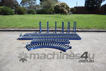 4 Piece Roller Conveyor Set with Curved Section and Stands - 9m Long