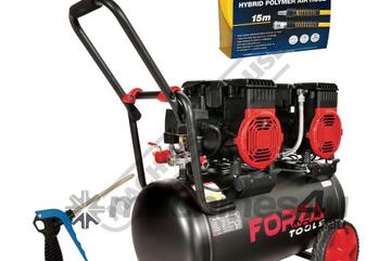 FT2296050 OIL-LESS AIR COMPRESSOR BUNDLE 50L Tank / Twin 2 Hp motors BONUS HOSE REEL AND AIR GUN