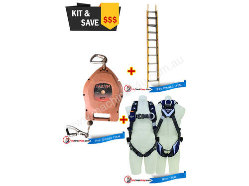 Branach Extension 3.3 to 5.2m Fibreglass Ladder, Fall Arrestor and Exofit Safety Harness