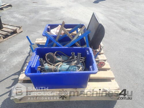 PALLET COMPRISING OF 2 X PLASTIC CRATES CONTAINING ASSORTED ANGLE GRINDERS, STRAPPING MACHINE FRAMES