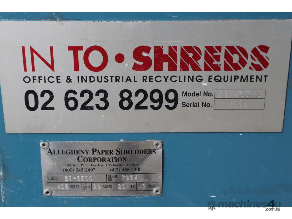 Used allegheny Industrial Paper Plastic Card Conveyor Shredder 20HP