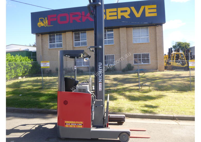 caption Refurbished Nichiyu Electric Stand On Reach Truck, Serviced, Battery with Warranty