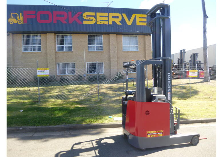 caption Refurbished Nichiyu Electric Stand On Reach Truck, Serviced, Battery with Warranty