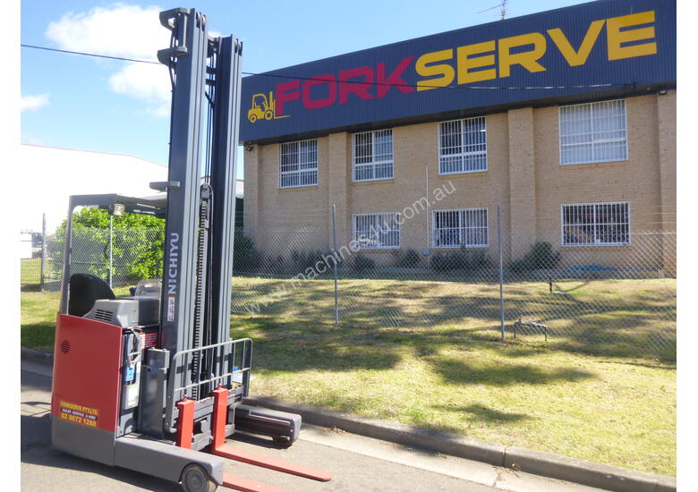 caption Refurbished Nichiyu Electric Stand On Reach Truck, Serviced, Battery with Warranty