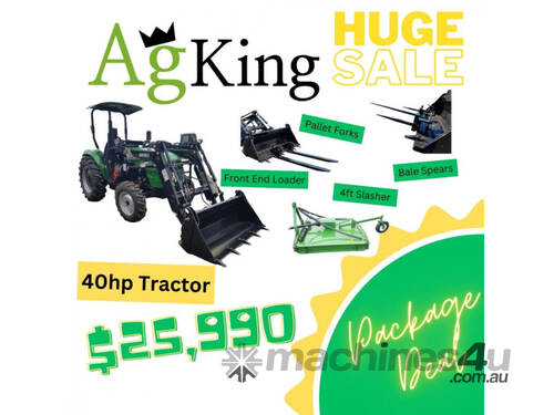 New AgKing 40HP ROPS 4WD tractor with FEL 4in1 bucket PLUS Slasher, Forks and Spears!