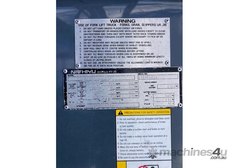 caption Nichiyu FBT13PN-75BC 3-Wheel Forklift | 1.3 Tonne | 4.5m Lift | Low 626 Hours