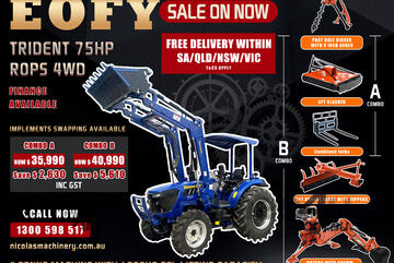 TRIDENT EOFY 75HP 4WD CANOPY TRACTOR WITH 4IN1 BUCKET COMBO DEAL 3 YEARS LABOUR AND PARTS WARRANTY