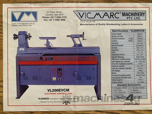 Vicmarc Wood Lathe VL 300 EVCM Variable Speed