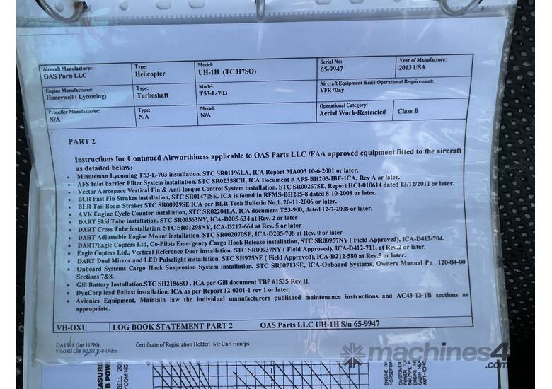 caption 1965 Bell UH-1H Helicopter (Remanufactured 2013) (VH-OXU) MR Currently Being Completed