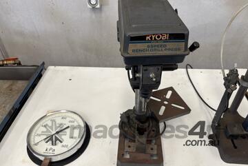 2 x Tables, Storage Shelf, Pedestal Drill inc Testing Tools