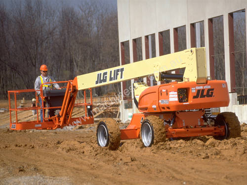 caption JLG 60ft Electric Knuckle Boom Lift – Perfect for Indoor and Outdoor Jobs!