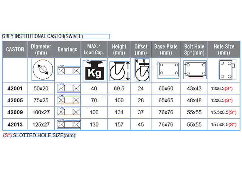 caption 42009 - GREY INSTITUTIONAL CASTOR(SWIVEL)