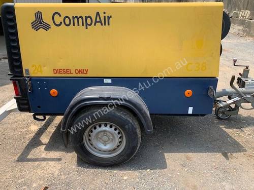 Compair C38 130 cfm portable diesel powered air compressor on 2 wheel road tow chassis