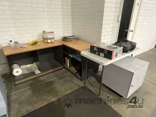caption 3x Tables with Contents and Cabinet