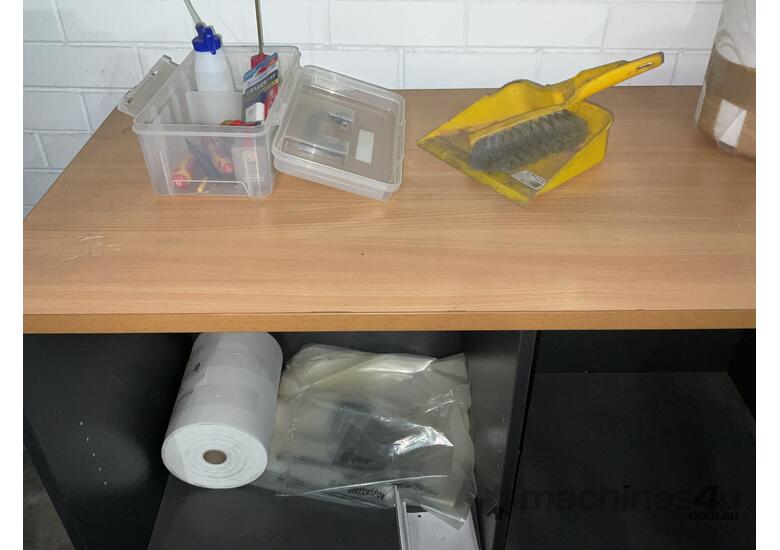 caption 3x Tables with Contents and Cabinet