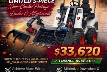   Ozziquip AL20 Mini Loader 4-in-1 with Mixing Bucket, Ripper and Wood Grapple 5-Piece Package