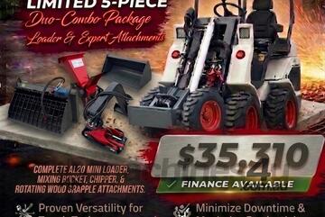   Ozziquip AL20 Mini Loader 4-in-1 with Mixing Bucket, Chipper and Wood Grapple 5-Piece Package