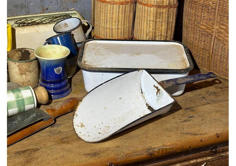 caption QTY OF ENANEL WARES, JUGS AND CANE BASKETS
