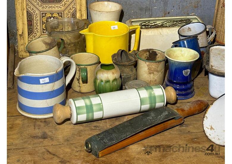caption QTY OF ENANEL WARES, JUGS AND CANE BASKETS
