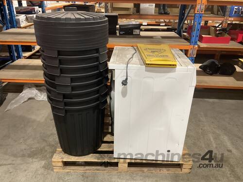 Pallet of Bins, Wet Floor Sign and Washing Machine