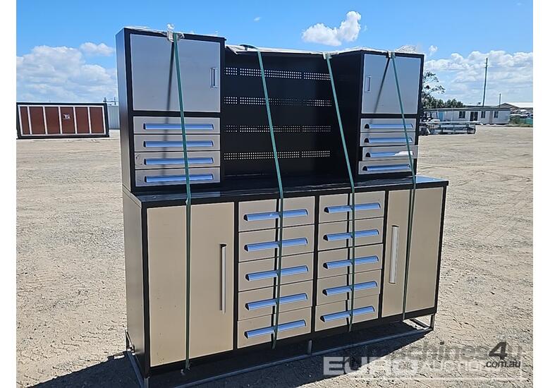Unused 2.1m Work Bench/Tool Cabinet, 18 Drawers 