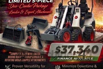   Ozziquip AL20 Mini Loader 4-in-1 with Mixing Bucket, Wood Grapple, Stump Grinder 5-Piece Package