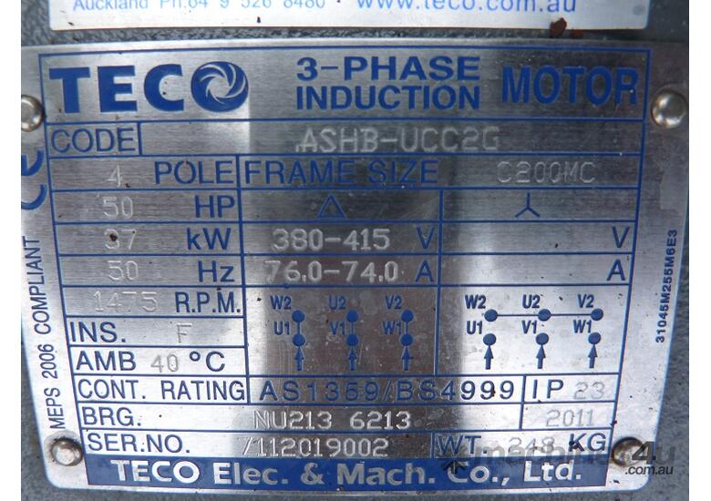 Used 2011 teco 2011 Teco Electric Motor 415 Volt 3 Phase 37 KW 4 Pole