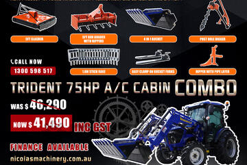 75HP 4WD A/C CABIN TRACTOR COMBO DEAL (Slasher GRADER DIGGER RAKE FORKS RIPPER PIPE LAYER)