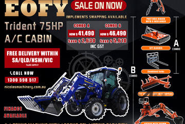 TRIDENT EOFY 75HP 4WD A/C CABIN TRACTOR WITH 4IN1 BUCKET COMBO DEAL 3 YEARS LABOR AND PARTS WARRANTY