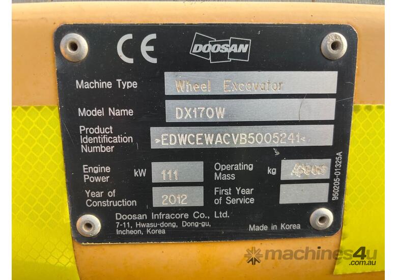 caption 2012 Doosan DX170W Excavator (Wheeled)