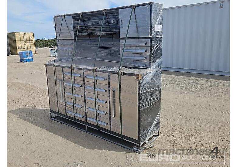 Unused 2.1m Work Bench/Tool Cabinet, 18 Drawers 