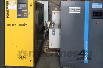 Kaeser SM16 9kw. Atlas G15FF/ GA22VSD. ECO 10hp. Kaeser/ Champion 30hp. CompAir 25hp. Atlas GA55