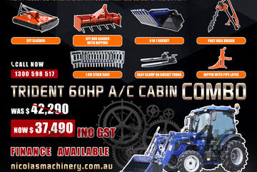 TRIDENT 60HP 4WD A/C CABIN TRACTOR COMBO DEAL (Slasher GRADER DIGGER RAKE FORKS RIPPER PIPE LAYER)