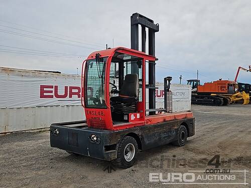 caption 2012 Hubtex Side Load Forklift, Two Stage Mast, Forks (Hour Meter Shows 14,374hrs)