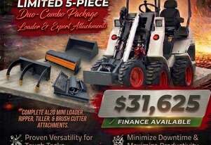 New Ozziquip AL20 Mini Loader 4-in-1 with Ripper, Tiller and Brush Cutter 5-Piece Package