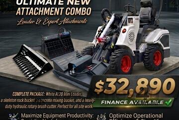   Ozziquip AL20 Mini Loader 4-in-1 with Stone Bucket, Mixing Bucket, Brush Cutter 5-Piece Package