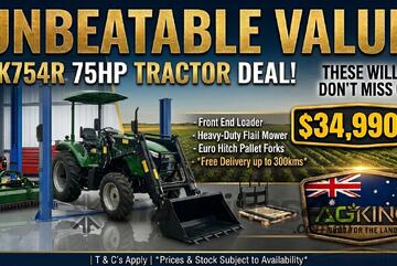 AgKing -75HP AK754R Rops Tractor - Flail Mower - Euro Hitch Pallet Forks and Delivery up to 300kms