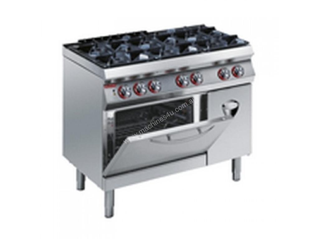 Used Angelo Po 6 Burner Gas Range On Electric Oven And Cabinet