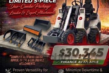   Ozziquip AL20 Mini Loader 4-in-1 with Ripper, Tiller and Log Grapple 5-Piece Package