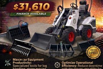   Ozziquip AL20 Mini Loader 4-in-1 with Stone Bucket, Mixing Bucket, Log Grapple 5-Piece Package