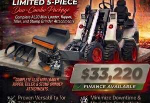 New Ozziquip AL20 Mini Loader 4-in-1 with Ripper, Tiller and Stump Grinder 5-Piece Package