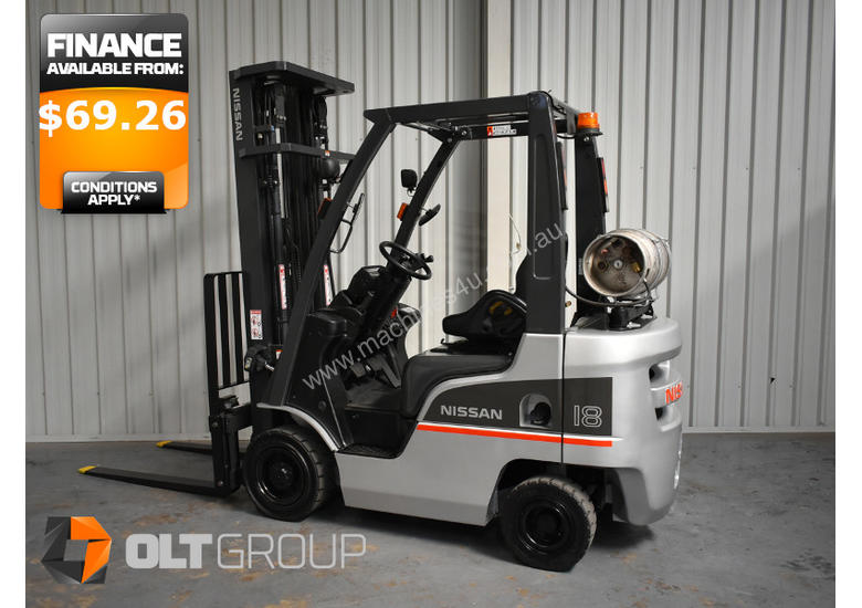 caption Nissan P1F1A18DU Forklift 1.8 ton LPG fork 5500mm Lift Height 3 Stage Mast