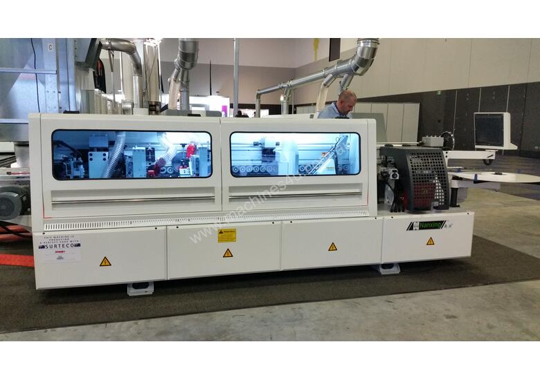 caption NANXING Touch Screen 3 speed up to 24m/min Auto Edgebander NBC332 with extra Corner Rounding Machine