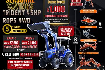 TRIDENT Seasonal Savings 45HP 4WD Canopy Tractor with 4-in-1 Bucket Combo Deal (5 Years Warranty)