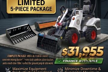   Ozziquip AL20 Mini Loader 4-in-1 with Stone Bucket, Mixing Bucket, Tiller 5-Piece Package