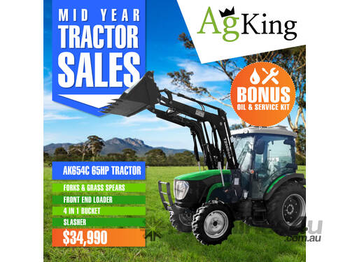 AgKing -  65HP Tractor CABIN AK654C with FEL 4in1 & Package Bucket Slasher Forks Spears