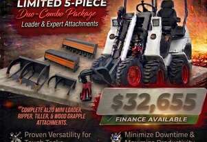 New Ozziquip AL20 Mini Loader 4-in-1 with Ripper, Tiller and Wood Grapple 5-Piece Package