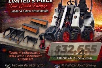   Ozziquip AL20 Mini Loader 4-in-1 with Ripper, Tiller and Wood Grapple 5-Piece Package