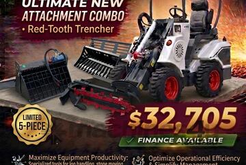  Ozziquip AL20 Mini Loader 4-in-1 with Stone Bucket, Mixing Bucket, Trencher 5-Piece Package