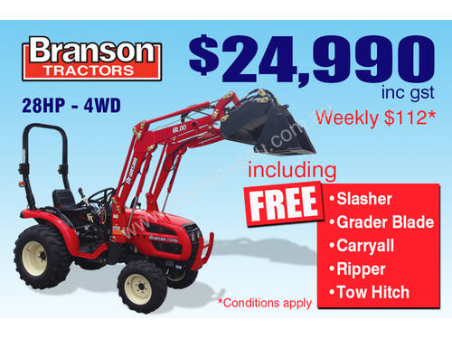 Branson 2900H - 28HP Sub Compact Tractor with 4 in 1 loader and 5 Piece Implements Pack
